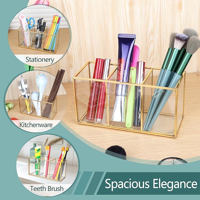 ELEGANTLIFE Clear Glass Makeup Brush Organizer,Luxurious Tempered Glass Cosmetics Brushes Storage Holder for Refined Bathroom Decor (Gold, 3 Sections)
