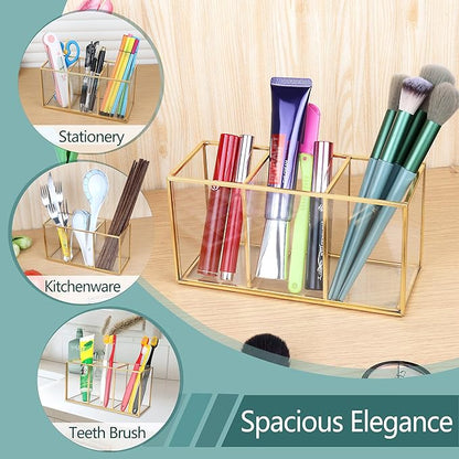 ELEGANTLIFE Clear Glass Makeup Brush Organizer,Luxurious Tempered Glass Cosmetics Brushes Storage Holder for Refined Bathroom Decor (Gold, 3 Sections)