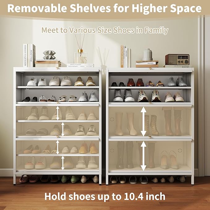 Foreate 6-Tier Entryway Shoe Storage Cabinet with 3 Flip-Up Glass Doors & Removable Shelf, 42” Metal Cabinet Shoe Rack Organizer for 18-24 Pair Shoes, Tall Freestanding Modern Shoe Cabinet-Glass Door