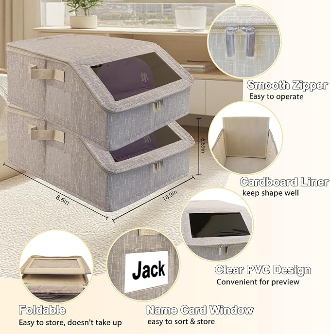 Stackable Hat Storage for Baseball Caps, Holds up to 30 Caps with Cardboard, Hat Organizer for Women & Men, 2 PCS Hat Storage Boxes for Closet, Beige
