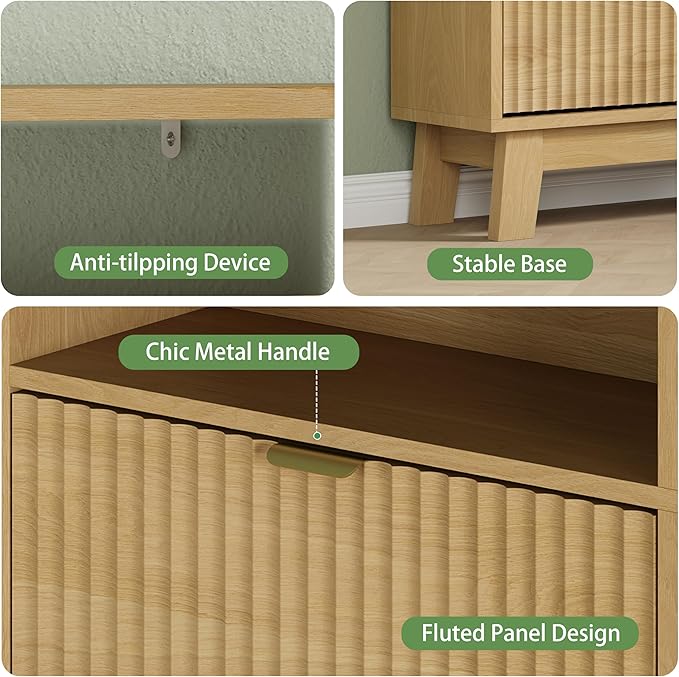 Xixini Shoe Cabinet with 4 Flip Drawers, 46" Tall Hidden Fluted Shoe Storage Organizer for Entryway, Narrow Slim Wooden Shoe Rack Cabinet for Front Door Entrance, Hallway, Living Room, Natural Oak