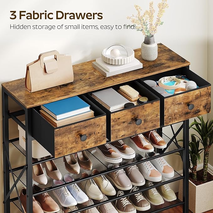 YATINEY 5-Tier Shoe Rack with 3 Drawers, Metal Shoe Organizer for 20 Pairs with Storage Shelves and Wooden Top, for Entryway, Hallway, Foyer, Closet, Rustic Brown and Black SS35BR