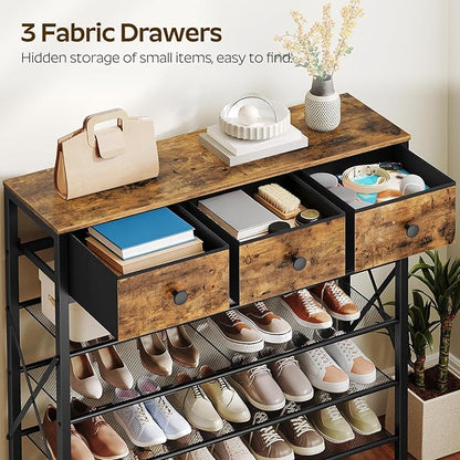YATINEY 5-Tier Shoe Rack with 3 Drawers, Metal Shoe Organizer for 20 Pairs with Storage Shelves and Wooden Top, for Entryway, Hallway, Foyer, Closet, Rustic Brown and Black SS35BR