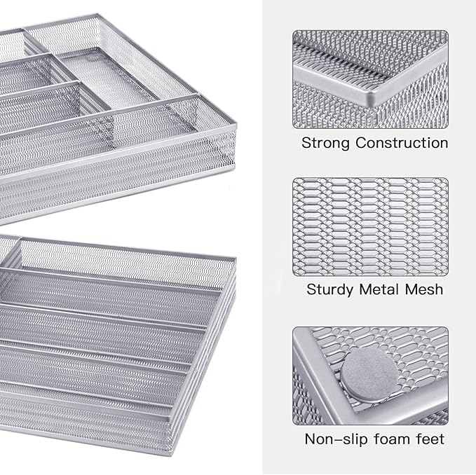 Neudeco Drawer Organizer Set 6 Pack - 5-Compartment Silverware Organizer Tray + 5 Utensil Trays, Kitchen Drawer Organizer for Flatware, Cutlery, Office Supplies, Silver Mesh, Non-Slip