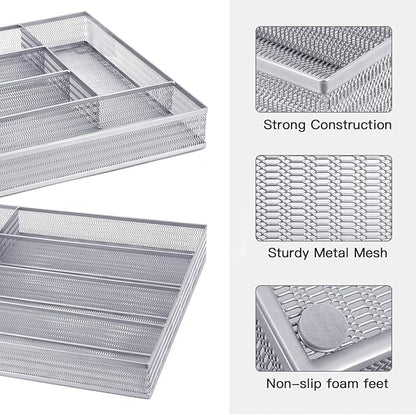 Neudeco Drawer Organizer Set 6 Pack - 5-Compartment Silverware Organizer Tray + 5 Utensil Trays, Kitchen Drawer Organizer for Flatware, Cutlery, Office Supplies, Silver Mesh, Non-Slip