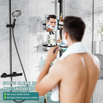 KEGII Shower Caddy Tension Pole - Adjustable Rustproof Corner Bathroom Organizer with Fogless Shower Mirror, 25–114.2 Inch No-Drill Bathroom Storage, Black