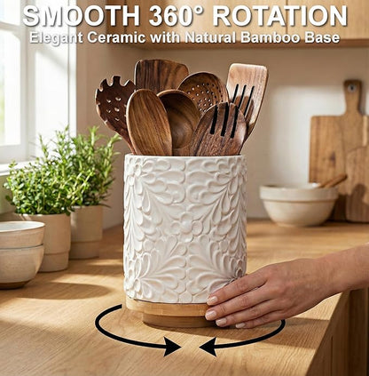 Extra Large 360° Rotating Utensil Holder for Kitchen Counter, 8.3” Cooking Utensil Holder for Countertop with Bamboo Base, White Ceramic Utensil Crock Canister for Cooking Utensils - Engraved Design