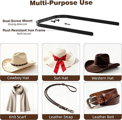 2-Pack Metal Hat Rack for Wall Mount – Space-Saving Cowboy Hat Holder & DIY Wall Display Hanger – Compact Hat Organizer with Screws, Black (No wooden board)