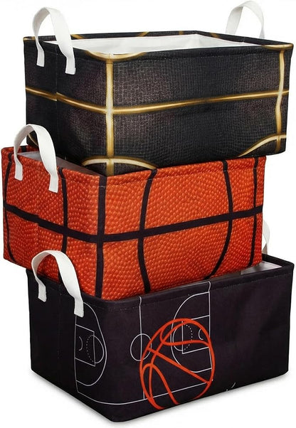 Basketball Shelf Basket, Kids Boys Ball Storage Basket Bins Box with Handles, Boys Sports Decor for Room Nursery 3 Pcs Set(Basketball)