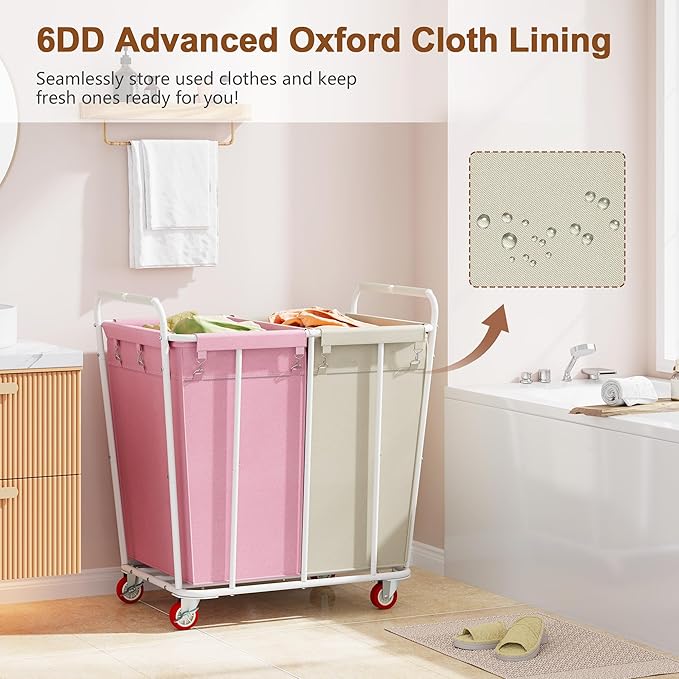 Hoctieon 2 Section Laundry Sorter Cart, 400L Rolling Hamper with Wheels, Industrial Laundry Basket Organizer, Extra Large Dirty Clothes Hamper for Home & Hotel, Heavy Duty, Pink+Beige