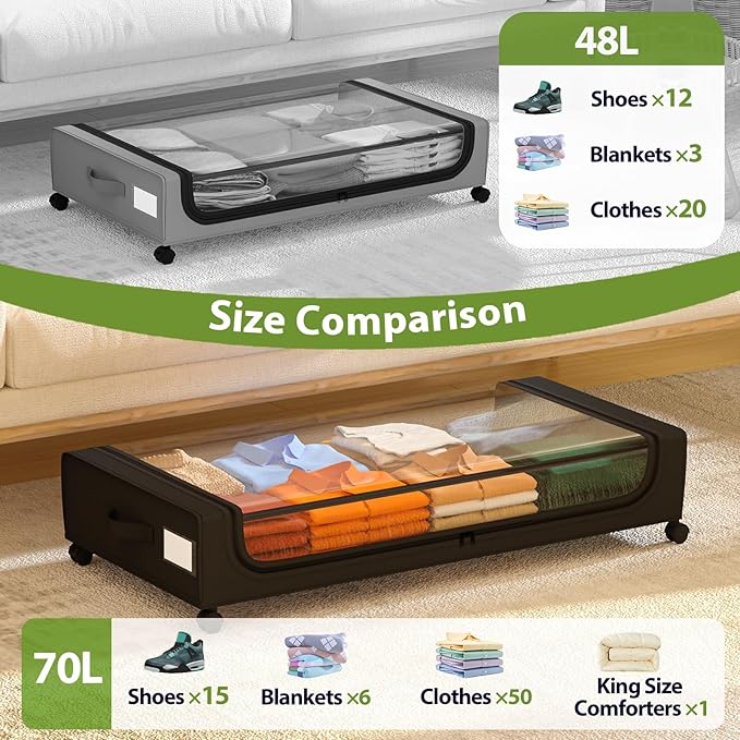 GoMaihe Under Bed Storage with Wheels: 70L Underbed Storage Containers with Clear Lids - Rolling Drawers & Bins for Shoes Clothes in Dorm Bedroom - Space-Saving Easy Pull-out Black 2-Pack