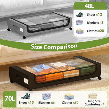 GoMaihe Under Bed Storage with Wheels: 70L Underbed Storage Containers with Clear Lids - Rolling Drawers & Bins for Shoes Clothes in Dorm Bedroom - Space-Saving Easy Pull-out Black 2-Pack