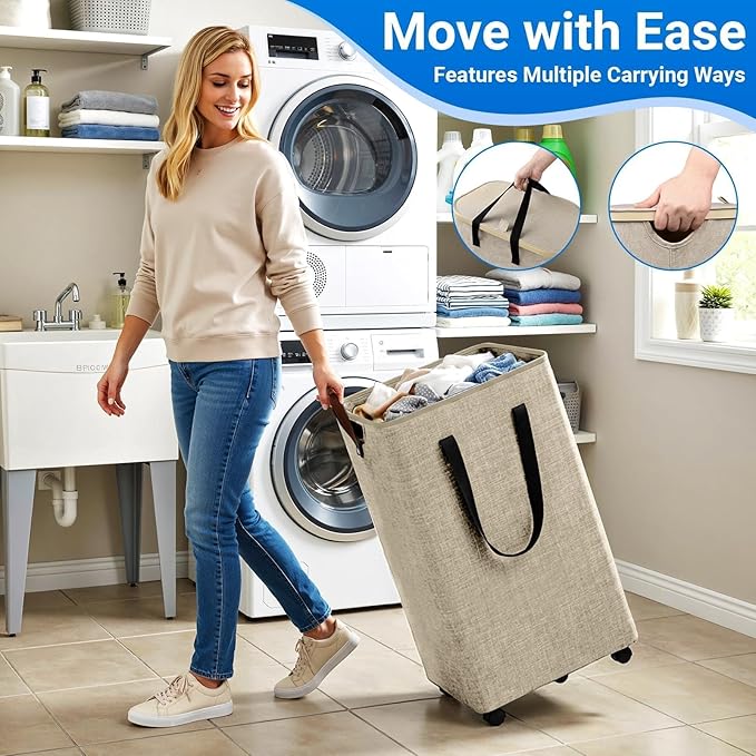 Laundry Basket with 5 Wheels, Tall Dirty Laundry Hamper, Rolling Laundry Basket with Lid, Large 100L Collapsible Clothes Hamper for Laundry Room Bedroom Bathroom Dorm, Khaki