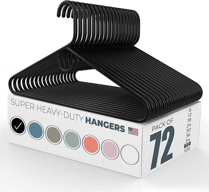 Super Heavy Duty Clothes Hangers 50+ Pack (72 Count) – Made in the USA - 10lb Capacity, Thick Plastic Hangers for Pants, Coats, Jackets, Jeans and Adult Clothing – Black