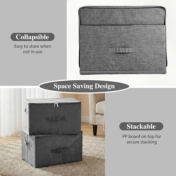 ANMINY 3PCS Storage Bins with Zipper Lids 13 Qt Lidded Fabric Storage Boxes Baskets Cubes with Handles Collapsible Washable Cotton Linen Closet Shelf Clothes Organizer Containers - Gray, Small