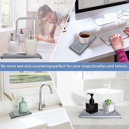 2 PCS Water Absorbing Stone Trays for Bathroom Sink & Kitchen Counter, Fast-Drying Diatomite Sink Coasters, Vanity Tray, Hand Soap Holder with Anti-Skid Pads (9.5" x 4.7" Gray)