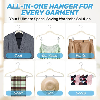Sishynio Velvet Pants Hangers 20 Pack with Adjustable Clips, Space-Saving Slim Felt Clothes Hangers, Heavy Duty & Non-Slip Flocked Hangers for Pants, Skirts, Dresses and Jeans(Beige)