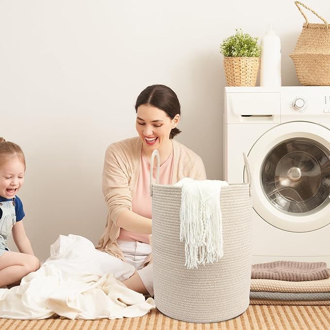 Woven Cotton Rope Laundry basket-15”X20” Laundry Hamper-Rope Storage Basket for Dirty Clothes, Toys and Blankets Perfect for Bathroom, Baby nursery and Living Room Storage (oatmeal)