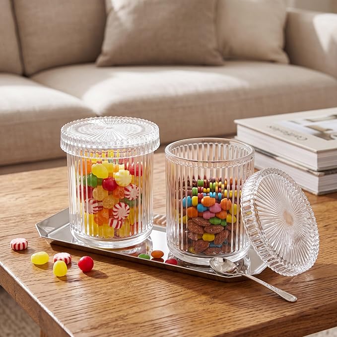 2 Pcs Crystal Glass Candy Jars Set with Lids and Stainless Steel Vanity Tray, Q tip Holder, Apothecary Jars, Glass Bathroom Accessories Organizer, Esthetic Modern Bathroom Decor(Clear)