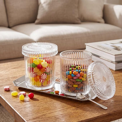 2 Pcs Crystal Glass Candy Jars Set with Lids and Stainless Steel Vanity Tray, Q tip Holder, Apothecary Jars, Glass Bathroom Accessories Organizer, Esthetic Modern Bathroom Decor(Clear)