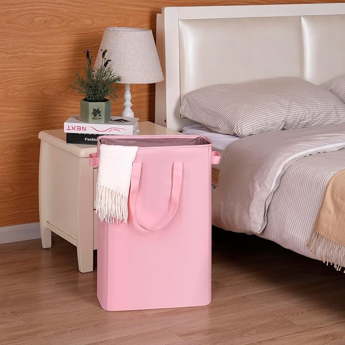 efluky Slim Laundry Basket, Narrow Laundry Hamper with Handles, Collapsible Dirty Clothes Hamper, Tall Laundry Bin for Laundry Room, Dorm and Bedroom, 12.7 Gallons(48L) Pink