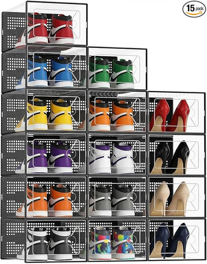 NEWBULIG 15 Pack Clear Shoe Storage Boxes, Stackable Sneaker Storage Case with Lids, Shoe Display Containers Organizer for Closet, Under Bed, Entryway, Black