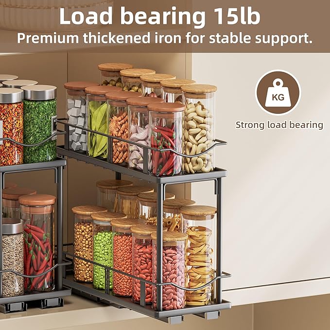 2 Packs Pull Out Spice Rack Organizer for Cabinet, 2-Tier Slide Out Seasoning Organizer, Narrow Cabinet Spice Rack, 10.7" Dx4.8 Wx8.85 H, Full Extension Ball Bearing Glides, Kitchen Pantry Organizer
