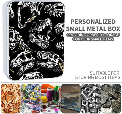 Metal Tin Box Sturdy Metal Storage Box with Lid, Large Container Holder for TCG Cards,Car Keys,Cookies,Tin Containers for Gift,5.0x3.7x1.6 Inch,Exquisite Pattern Design(Fossil Dinosaur)