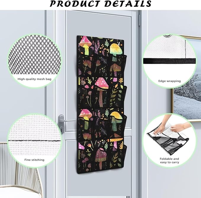 Mushrooms Over the Door Dorm Hanging Organizer - Space Saving 12 Pockets for Stationery, Snacks for Kitchen, Office, Dorm Rooms