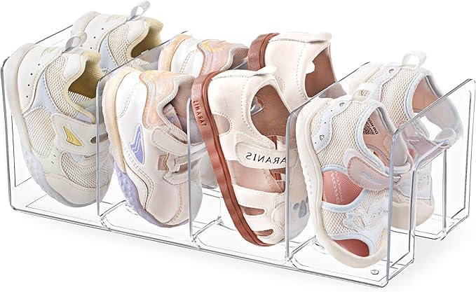 HBlife Clear Acrylic Kids Shoe Rack for Closet Organizers and Storage, Small Shoe Rack 4 Sections Toddler Baby Shoe Storage Organizer Stackable Shoe Shelf,Desk File Sorter Book Purse Organizer(1 Pack)