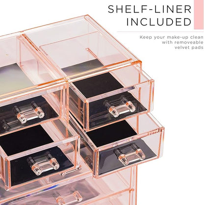 Sorbus Acrylic Makeup Organizer Set, 7-Drawer Vanity & Countertop Cosmetic Storage with Small & Wide Compartments, Pink Makeup Storage for Brushes, Jewelry – Holiday Gift for Women & Teens