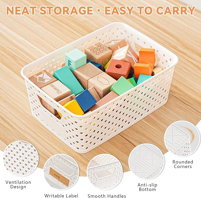 12 Pack Plastic Storage Baskets for Organizing, Storage Baskets for Shelves with Handles, Small Storage Bins with Labels, Organizer Baskets for Cabinet,Closet, Office