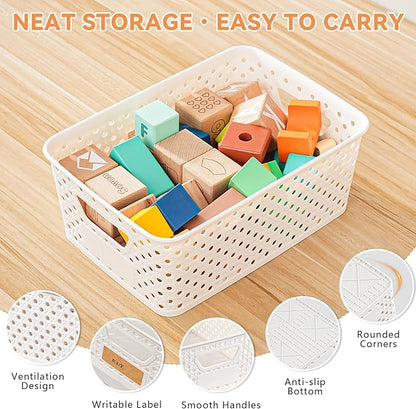 12 Pack Plastic Storage Baskets for Organizing, Storage Baskets for Shelves with Handles, Small Storage Bins with Labels, Organizer Baskets for Cabinet,Closet, Office