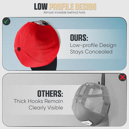 Modern JP Adhesive Hat Hooks for Wall (8-Pack) - Minimalist Hat Rack Design, No Drilling, Strong Hold Hat Hangers - USA Patented, Clear