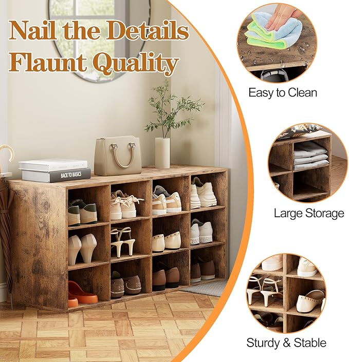 Aenuert 12-Cubby Shoe Rack, 3-Tier Wood Shoe Organizer, Multifunctional Shoe Organizer Bench for Entryway, Mudroom, Hallway, Closet,36.22 * 11.81 * 17.72 Inch,Brown