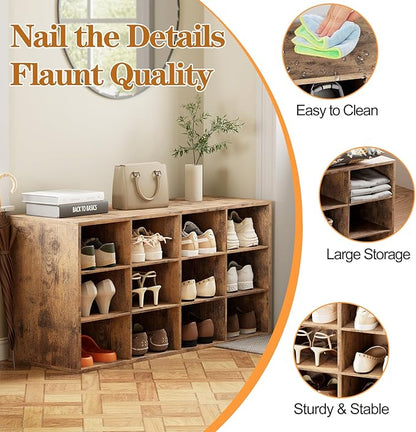 Aenuert 12-Cubby Shoe Rack, 3-Tier Wood Shoe Organizer, Multifunctional Shoe Organizer Bench for Entryway, Mudroom, Hallway, Closet,36.22 * 11.81 * 17.72 Inch,Brown