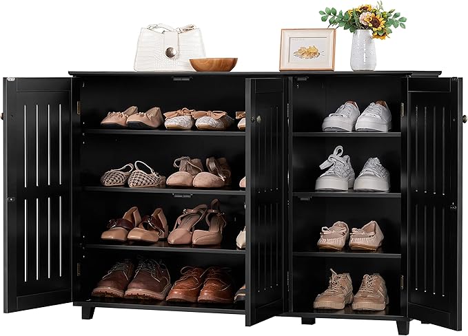 Topeakmart Shoe Rack Frees Standing Storage Organizer 4 Tier Shoe Shelf Storage Louvered Door Entryway Hallway Furniture for Living Room Bathroom Black