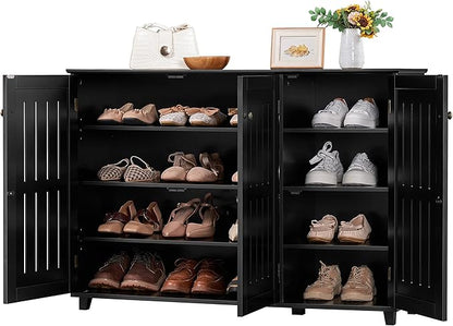 Topeakmart Shoe Rack Frees Standing Storage Organizer 4 Tier Shoe Shelf Storage Louvered Door Entryway Hallway Furniture for Living Room Bathroom Black
