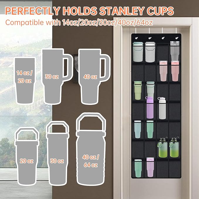 NiHome 28-Pocket Over-the-Door Organizer Fit for Stanley Cups, Large Tumblers, Water Bottles, Travel Mugs, Lids, Space-Saving Elastic Mesh Bottle Holder for Kitchen, Pantry, RV, Cabinet Doors (Black)