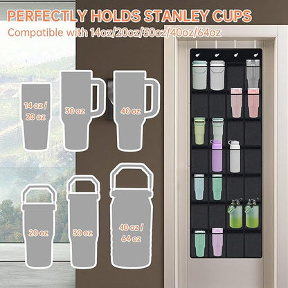NiHome 28-Pocket Over-the-Door Organizer Fit for Stanley Cups, Large Tumblers, Water Bottles, Travel Mugs, Lids, Space-Saving Elastic Mesh Bottle Holder for Kitchen, Pantry, RV, Cabinet Doors (Black)