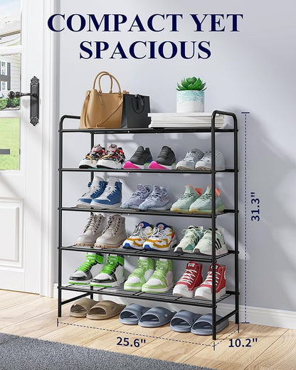 Kitsure Shoe Rack - Stainless Steel Shoe Organizer, Sturdy Shoe Rack for Closet and Front Door Entrance, Free Standing Shoe Shelf, Closet Organizers and Storage, 25.6" Wide - 5 Tier, Black