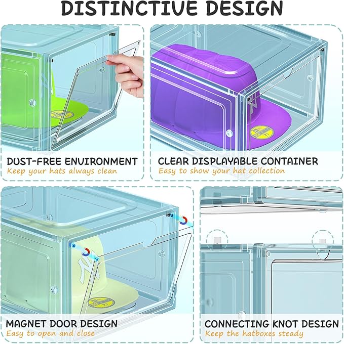 SCAVATA 6 Pack Hat Organizer Box, Stackable Clear Baseball Caps Holder Box Containers with Magnetic Door for Hats Snapback Cap Storag, Hat Rack Display Case, Holds 8 Hats Each (Blue)
