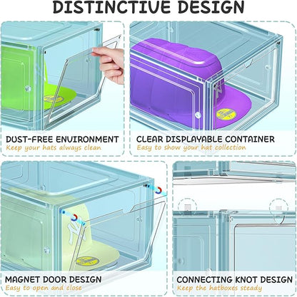 SCAVATA 6 Pack Hat Organizer Box, Stackable Clear Baseball Caps Holder Box Containers with Magnetic Door for Hats Snapback Cap Storag, Hat Rack Display Case, Holds 8 Hats Each (Blue)