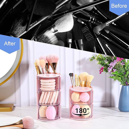 DASITON 2-Layer Makeup Brush Holder with Hair Accessories Organizer, Rotatable Desktop Organizer Case for Hair Clip, Makeup Sponge, Jewelry and Hair Accessories, Hair Brush Holder for Vanity (Pink)