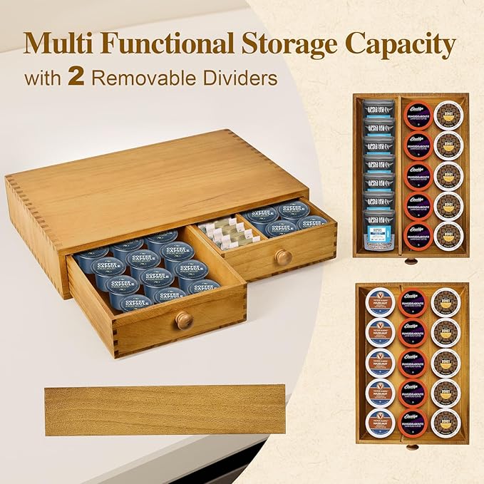 NANXITU K Cup Storage Organizer,Wood Coffee Pod and Tea Bag Holder,Kcup Drawer Coffee Maker Stand,Home Kitchen Counter Holds Up to 30 Pods Capacity