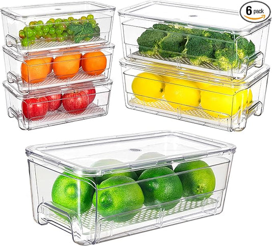 Imncya 6 Pack Stackable Pull-Out Fridge Organizer Drawers, Clear Refrigerator Drawer with Lids, Fridge Stackable Storage Drawers for Veggies, Fruits, Food Storage and Organizer