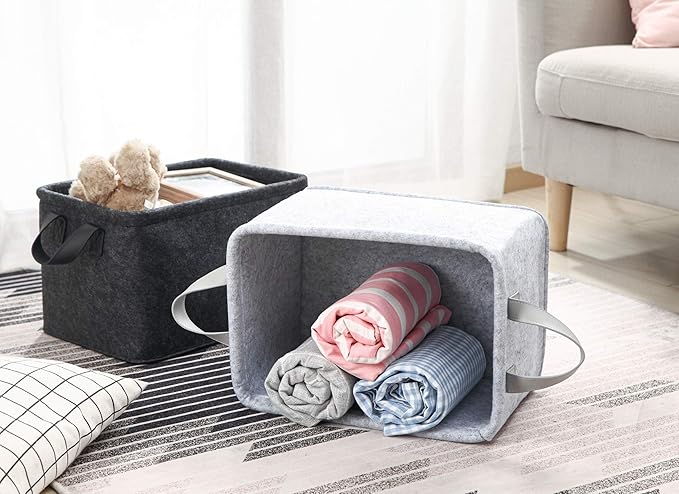 Collapsible Storage Bins Foldable Felt Fabric Storage Basket Organizer Boxes Containers with Handles PU Handles for Nursery Toys,Kids Room,Clothes,Towels,Magazine (PU-Light grey, 15.9L×11W×9.8H)