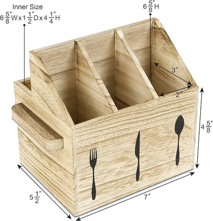 Ikee Design Rustic Elegant Wooden Flatware Organizer Caddy, Oak Color, 7'W x 5.5'D x 6.63'H