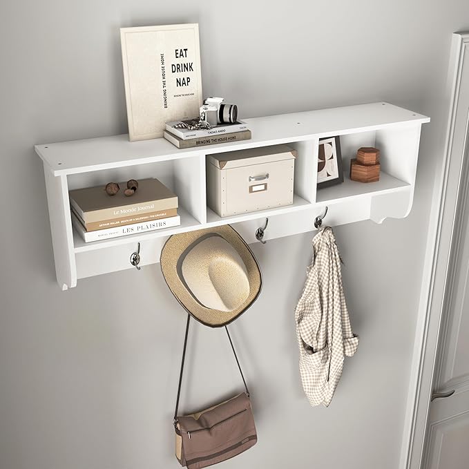 Wall Mounted Coat Rack with 4 Hooks & 3 Shelves, White MDF Entryway Storage, 38.6" Long, Easy Installation
