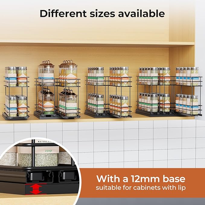Mystozer Pull Out Spice Rack Organizer for Cabinet, Slide Out Spice Racks, Easy to Install, 4.33" Wx10.43 Dx8.66 H, 1 Drawer 2 Tiers(Black)